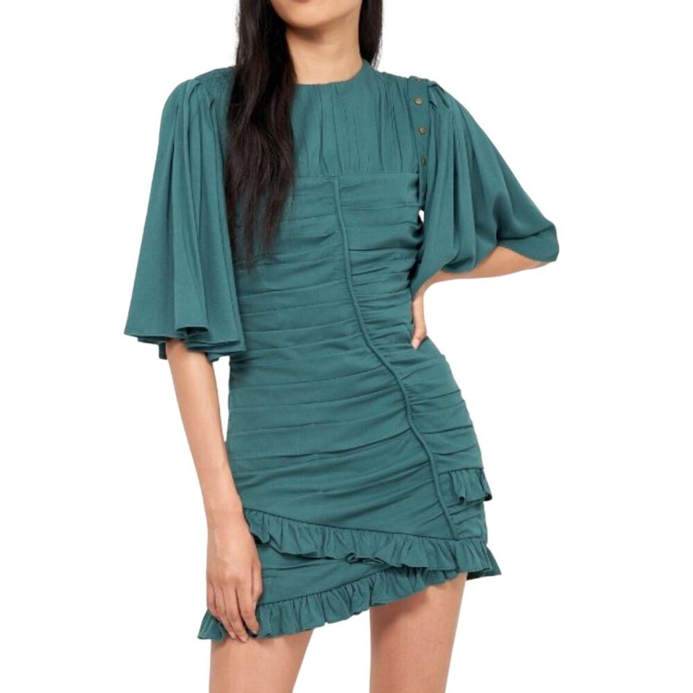 Joie Foster Dark Mallard Green Ruched Ruffle Flattering Studded Edgy Mini Dress